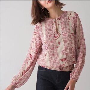 White House Black Market cream blouse with red pink gold mixed print boho L